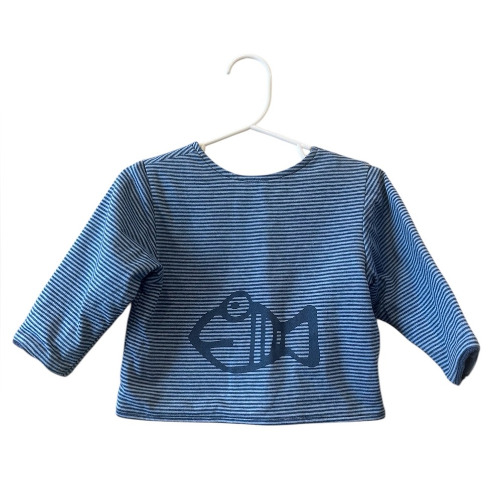 Magi Magi Paris Blue Stripe Fish Graphic Long Sleeve Top Coastal French Boys 12M